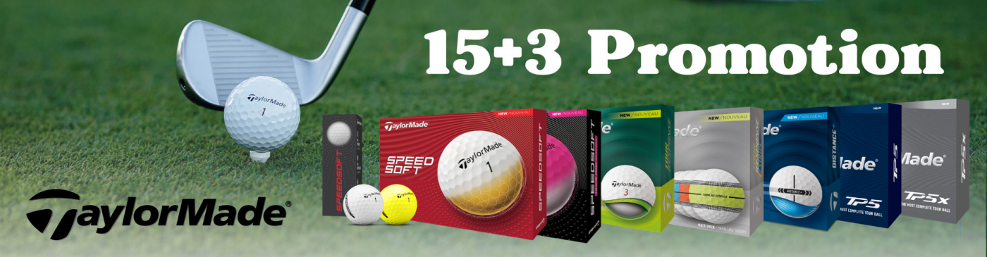 TaylorMade Golfbälle 15+3 Promotion mit verschiedenen Ballmodellen und Verpackungen auf dem Golfplatz